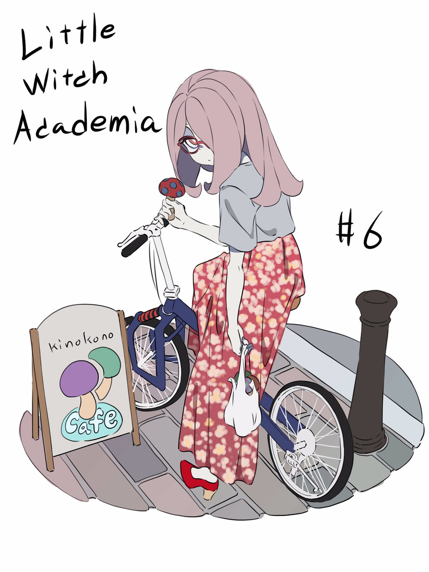 alternate_costume bag bespectacled bicycle casual commentary_request cruiser_bicycle female glasses hair_over_one_eye high_heels highres little_witch_academia long_hair long_skirt looking_back mushroom pale_skin saitou_kengo shopping_bag sign skirt solo sucy_manbavaran