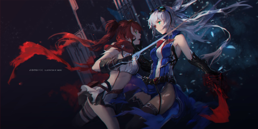 2girls absurdres alushe_anatolia arnas_(yoru_no_nai_kuni) artist_name asymmetrical_legwear battle belt black_gloves black_legwear breasts chinese_commentary commentary_request crop_top dress duel elbow_gloves eye_contact eyewear_on_head floating_hair from_side gloves green_eyes heterochromia highres holding holding_sword holding_weapon long_hair looking_at_another medium_breasts midriff miniskirt multiple_girls open_mouth parted_lips photoshop_(medium) red_eyes red_hair red_scarf scarf sideboob silver_hair skirt sleeveless sleeveless_dress stomach swd3e2 sword thighhighs uneven_legwear weapon yoru_no_nai_kuni yoru_no_nai_kuni_2