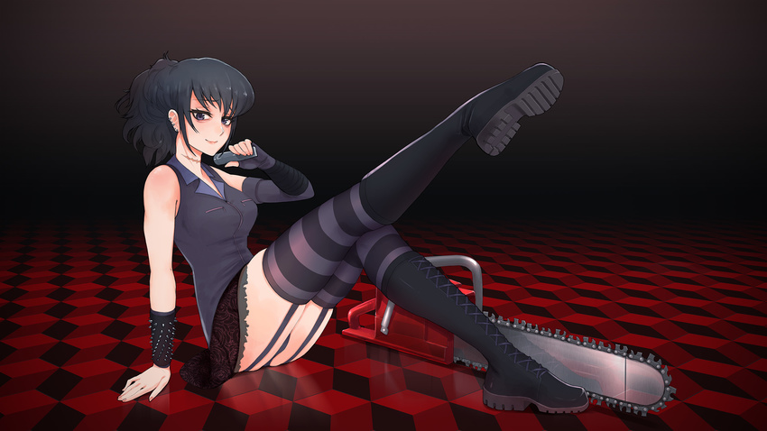 arm_support bags_under_eyes black_background black_footwear black_gloves black_hair black_lagoon blush boots breasts chainsaw closed_mouth cross-laced_footwear earrings elbow_gloves electrolarynx female fingerless_gloves floral_print frederica_sawyer from_side full_body garter_straps gloves highres holding jewelry knee_boots kuso_otoko leg_lift looking_at_viewer medium_breasts purple_eyes scar shirt short_hair single_elbow_glove single_glove sitting skirt sleeveless sleeveless_shirt smile solo striped_clothes striped_thighhighs thighhighs