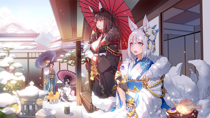 4girls akagi_(azur_lane) akagi_(plum_and_snow)_(azur_lane) animal animal_ears architecture atago_(azur_lane) atago_(hallmarks_of_winter)_(azur_lane) azur_lane black_gloves black_hair blue_eyes breasts canine cleavage cloud commentary day east_asian_architecture fingerless_gloves flower food fox_ears fox_tail fur_trim furisode gloves hair_flower hair_ornament holding holding_animal holding_food holding_umbrella japanese_clothes kaga_(azur_lane) kaga_(white_fox's_new_year)_(azur_lane) kimono large_breasts long_hair long_sleeves looking_away mask mask_on_head multiple_girls multiple_tails obi official_alternate_costume oil-paper_umbrella open_mouth outdoors parted_lips red_eyes ronopu sash shiba_inu short_hair sitting sky smile snow snowflakes souryuu_(azur_lane) souryuu_(the_crane_amidst_the_pines)_(azur_lane) standing symbol-only_commentary tail teapot tree umbrella veranda wagashi white_gloves white_hair wide_sleeves x_hair_ornament youkan_(food)