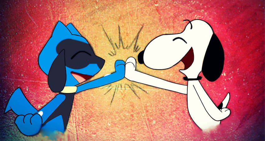 ambiguous_gender canid canine crossover dripponi duo generation_4_pokemon gesture hi_res high_five male mammal nintendo open_mouth open_smile peanuts_(comic) pokemon pokemon_(species) riolu smile snoopy source_request