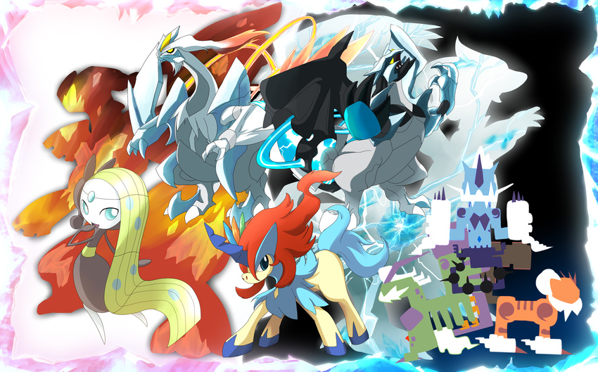 absurdres alternate_form blue_eyes commentary_request cryokinesis electricity electrokinesis glowing highres ice kaian keldeo keldeo_(resolute) kyurem landorus landorus_(therian) meloetta meloetta_(aria) photoshop_(medium) pokemon pokemon_(creature) reshiram silhouette thundurus thundurus_(therian) tornadus tornadus_(therian) unicorn yellow_eyes zekrom