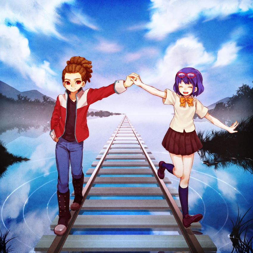 1boy bad_id bad_pixiv_id blue_hair brother_and_sister dreadlocks eyewear_on_head female glasses holding_hands inazuma_eleven inazuma_eleven_(series) interlocked_fingers kidou_yuuto maca otonashi_haruna railroad_tracks red_eyes scenery school_uniform short_hair siblings water