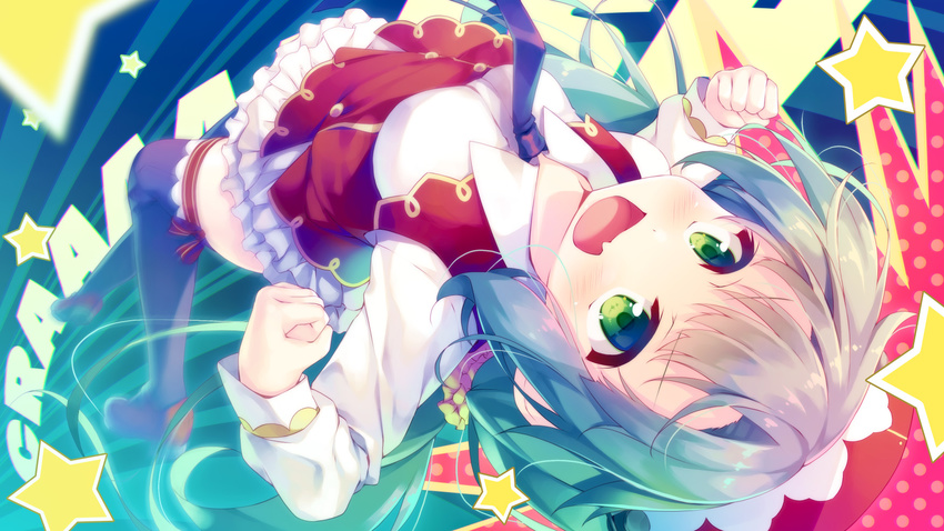 azur_lane black_thighhighs clenched_hands commentary_request female glowworm_(azur_lane) green_eyes green_hair highres long_hair looking_at_viewer masaki_kei necktie oerba_yun_fang open_mouth photoshop_(medium) solo star_(symbol) thighhighs twintails upside-down