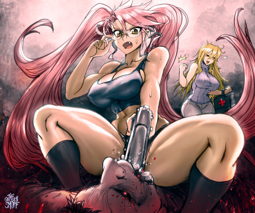 2girls action_pose amber_eyes art blonde_hair blush detailed_background drunk erect_nipples_under_clothes female female_focus glasses gun hi_res highschool_of_the_dead hotd long_hair mature_female oerba_yun_fang pink_hair saya_takagi shizuka_marikawa sitting sitting_on_person sweat sweater tank_top thegoldensmurf thick_thighs tsundere twintails wallpaper zombie zondere