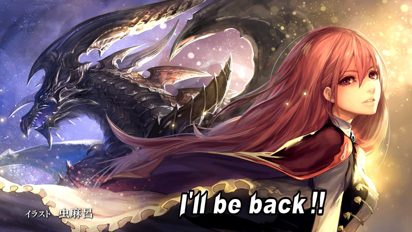 1other amira_(shingeki_no_bahamut) bahamut_(shingeki_no_bahamut) blank_eyes capelet dragon dragon_horns dragon_wings end_card female frills from_below giant giant_monster hair_between_eyes head_tilt height_difference horns imageboard_desourced long_hair monster non-web_source open_mouth pink_eyes pink_hair scales sharp_teeth shingeki_no_bahamut shingeki_no_bahamut:_genesis size_difference spines tachikawa_mushimaro teeth upper_teeth_only wings