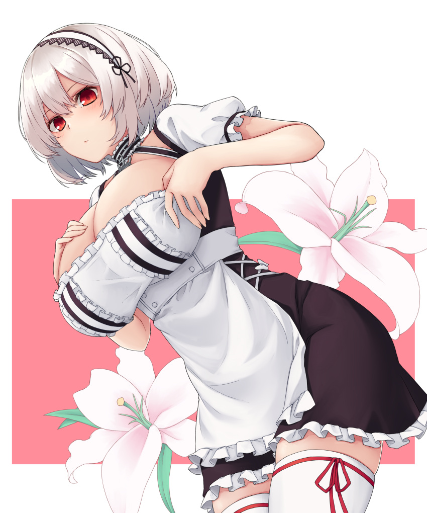 absurdres adjusting_clothes anchor_choker apron azur_lane black_dress blush breasts choker closed_mouth commentary_request cowboy_shot dress female floral_background frilled_apron frilled_choker frills from_below hair_between_eyes hair_intakes hairband hand_on_own_chest hands_up highres lace-trimmed_hairband lace_trim leaning_forward lips nameko_houshi petticoat pink_background puffy_short_sleeves puffy_sleeves red_eyes red_ribbon ribbon ribbon-trimmed_legwear ribbon_trim short_sleeves sirius_(azur_lane) solo standing thighhighs thighs two-tone_background two-tone_dress waist_apron white_apron white_background white_dress white_hair white_thighhighs