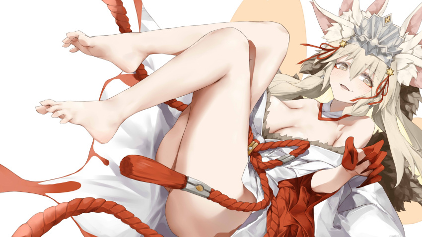 animal_ear_fluff animal_ears bare_legs bare_shoulders barefoot bow china_dress chinese_clothes dress fate/grand_order fate_(series) feet female fox_ears fox_girl fox_tail full_body highres hip_vent koyanskaya_(fate) koyanskaya_(lostbelt_beast:iv)_(fate) looking_at_viewer multiple_animal_ears nail open_mouth oshin0_(zheng) pink_bow pink_hair red_nails rope shimenawa soles spread_toes tail tamamo_(fate) toes yellow_eyes