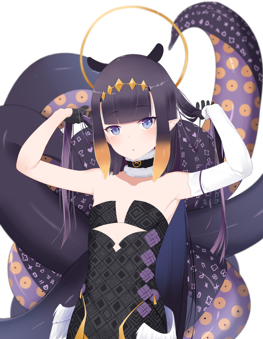 :o absurdres armpits arms_up black_dress black_gloves blue_eyes blunt_bangs blush breasts detached_sleeves dress female fur_collar gloves gradient_hair halo highres holding holding_own_hair hololive hololive_english long_hair looking_at_viewer low_wings mengo mole mole_under_eye monster_girl multicolored_hair ninomae_ina'nis ninomae_ina'nis_(1st_costume) orange_hair pointy_ears purple_hair sidelocks simple_background single_detached_sleeve small_breasts solo strapless strapless_dress tentacle tentacle_hair tiara upper_body very_long_hair virtual_youtuber wings