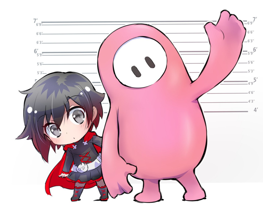 1other beans belt black_dress black_hair boots cape chibi cloak cross-laced_footwear dress fall_guy fall_guys female frilled_dress frills gradient_hair grey_eyes height_chart hood hooded_cloak iesupa lace-up_boots long_sleeves multicolored_hair red_cape red_hair ruby_rose rwby rwby_chibi short_hair solid_oval_eyes two-tone_hair