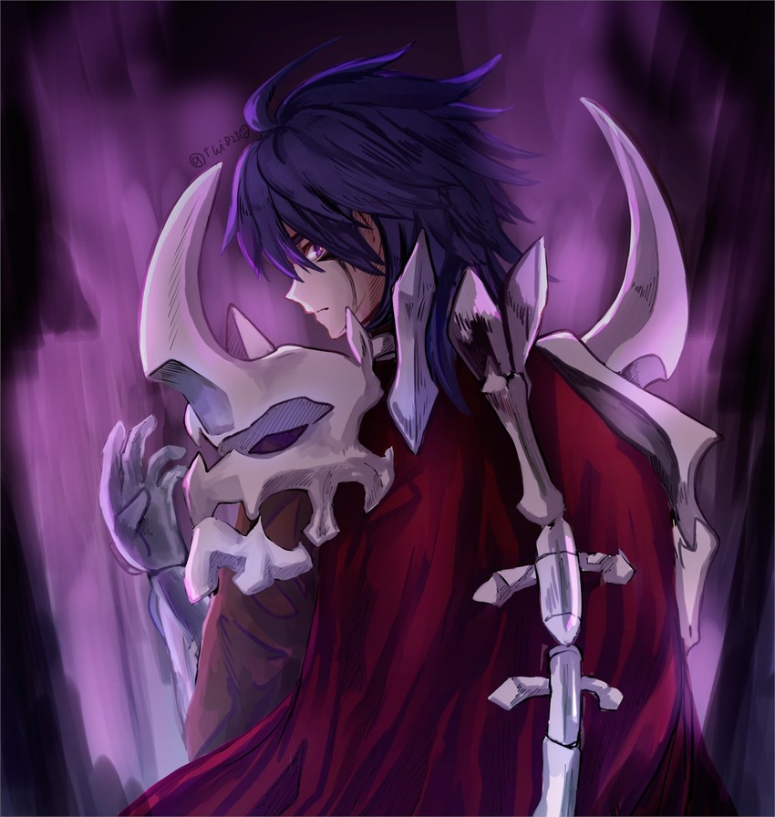 1boy 823/natalia armor aura cape closed_mouth commentary_request gauntlets highres looking_at_viewer looking_back male_focus medium_hair purple_eyes purple_hair ragnarok_online red_cape signature solo thanatos_(ragnarok_online) upper_body