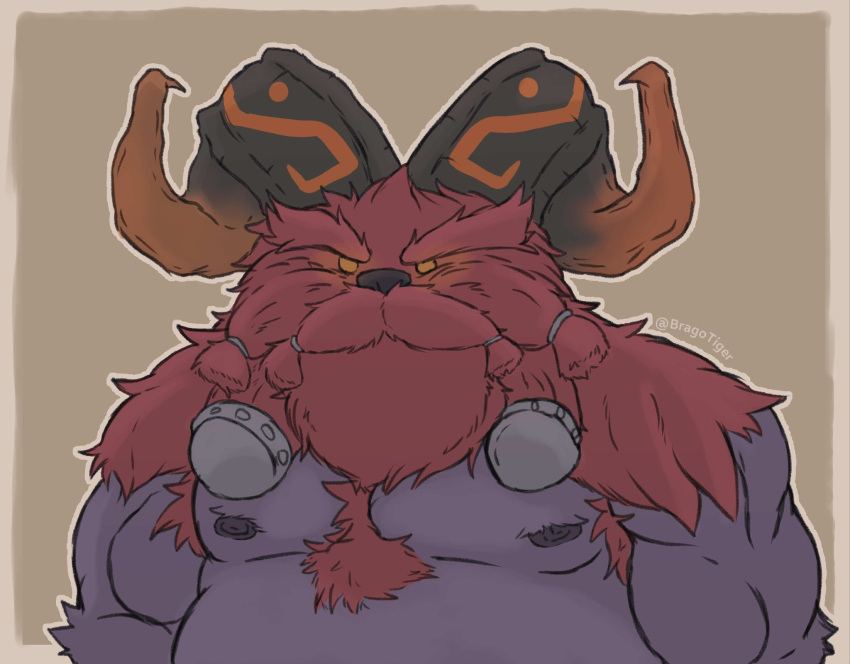 >:( 2_horns anthro areola arm_tuft armpit_hair armpit_tuft beard belly black_areola black_body black_horn black_nipples black_nose black_skin body_hair border bovid bovid_horn bragotiger braided_beard braided_mustache broad_shoulders brown_background burly caprine caprine_horn chest_hair chest_tuft closed_frown curled_horn dark_body dark_horn dark_nose dark_skin demigod eyebrows facial_hair fur furrowed_brow glowing glowing_eyes grumpy half-closed_eyes half-length_portrait hi_res horn horn_markings league_of_legends male mammal manly markings mature_anthro mature_male moobs moustache multicolored_horn muscular muscular_arms narrowed_eyebrows narrowed_eyes nipples no_pupils orange_border ornn_(lol) outline overweight overweight_anthro overweight_male portrait ram_horn red_armpit_hair red_body red_eyebrows red_eyes red_fur red_horn red_sclera riot_games sharp_horn shoulder_tuft simple_background slightly_chubby slightly_chubby_anthro slightly_chubby_male solo stocky tencent thick_eyebrows tuft two_tone_horn white_outline