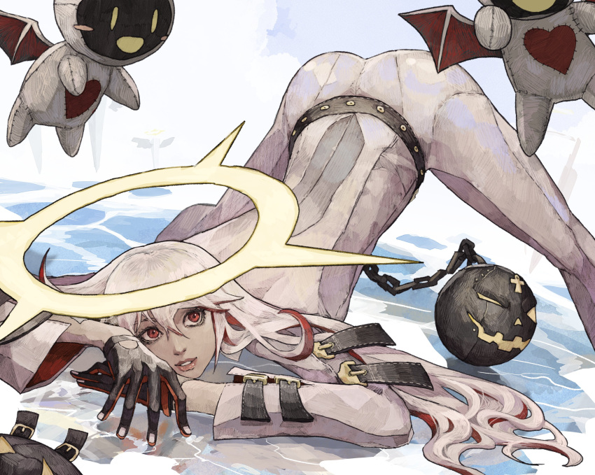 absurdres ass ball_and_chain_restraint belt black_gloves bodysuit cloud cloudy_sky cross female gloves guilty_gear guilty_gear_xrd hair_between_eyes halo highres jack-o'_valentine knight_servant looking_at_viewer looking_up mask multicolored_hair red_eyes sky spiked_halo spread_legs subakeye top-down_bottom-up two-tone_hair white_bodysuit