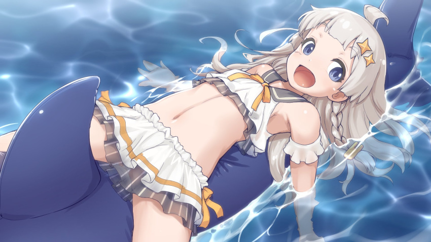 a.i._voice ahoge bikini blue_eyes blunt_bangs collared_bikini commentary cowboy_shot female frilled_bikini frills grey_hair grey_sailor_collar hair_ornament highres inflatable_shark inflatable_toy kizuna_akari kizuna_akari_(tsubomi) long_hair looking_to_the_side lying midriff navel neck_ribbon on_back open_mouth orange_ribbon ribbon sailor_collar smile solo star_(symbol) star_hair_ornament swimsuit symbol-only_commentary takeda_yukimura voiceroid water white_bikini