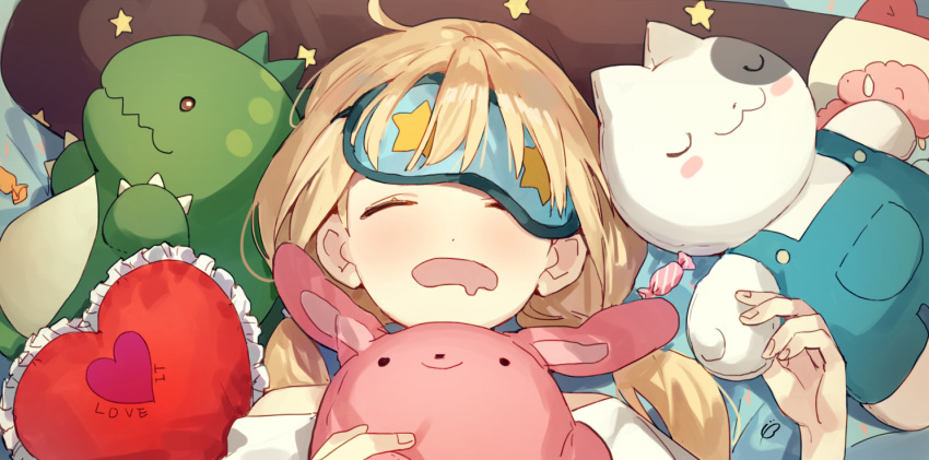 ahoge bad_id bad_pixiv_id banababa blonde_hair closed_eyes female futaba_anzu heart heart-shaped_pillow idolmaster idolmaster_cinderella_girls lying on_back pillow sleep_mask sleeping solo stuffed_animal stuffed_cat stuffed_dinosaur stuffed_rabbit stuffed_toy twintails upper_body