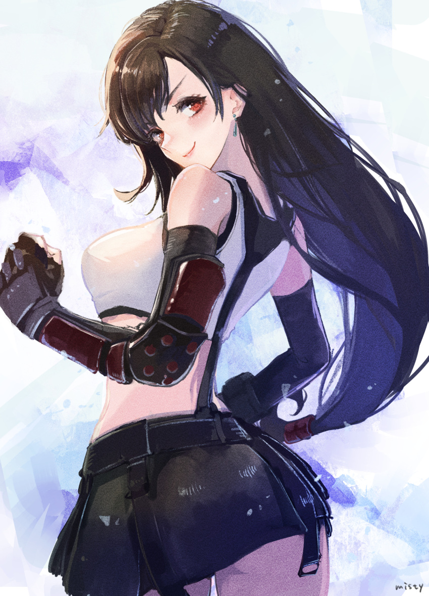 artist_name back black_gloves black_skirt breasts brown_hair clenched_hand commentary crop_top dangle_earrings detached_sleeves earrings elbow_pads female final_fantasy final_fantasy_vii final_fantasy_vii_remake fingerless_gloves from_behind gloves highres jewelry long_hair looking_back low-tied_long_hair making-of_available medium_breasts midriff misty_cj nose pleated_skirt red_eyes skirt smile solo suspender_skirt suspenders swept_bangs tank_top tifa_lockhart white_tank_top