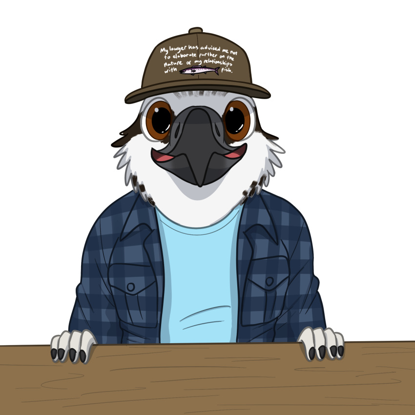 1:1 accipitriform anthro avian bird clothed clothing english_text female fish fish_birb fishing fishing_hat flannel hat headgear headwear hi_res lizzy_(fish_birb) marine meme meme_clothing open_clothing open_shirt open_topwear osprey shirt solo text text_on_clothing text_on_hat text_on_headwear topwear women_want_me_fish_fear_me