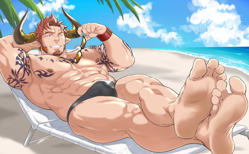 1boy abs agielba alternate_costume animal_ears arm_tattoo armpits bara barefoot beach biceps black-framed_eyewear black_male_swimwear blue_sky bulge chest_tattoo cloud cloudy_sky cow_boy cow_ears cow_horns crossed_legs day draph facial_hair feet foot_focus foreshortening full_body goatee granblue_fantasy grin highres holding holding_removed_eyewear horns large_pectorals long_sideburns looking_at_viewer lying male_focus male_swimwear mature_male muscular muscular_male navel nipples on_back on_chair one_eye_closed outdoors paid_reward_available pectorals presenting_foot red_hair sand short_hair sideburns sky smile soles solo stomach sunglasses swim_briefs tattoo tetsu_(kurotetsu1379) thick_thighs thighs toes topless_male unworn_eyewear water