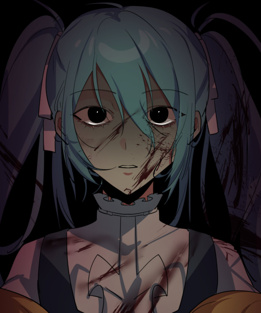 aqua_dress aqua_eyes aqua_hair black_eyes blonde_hair blood blood_on_clothes blood_on_face blood_stain blouse collar dress eve_moonlit evillious_nendaiki expressionless female frilled_collar frills hair_between_eyes hair_ribbon hatsune_miku highres holding_baby kaimiku_yummy long_hair moonlit_bear_(vocaloid) parted_lips ribbon shaded_face shirt solo_focus twintails very_long_hair vocaloid