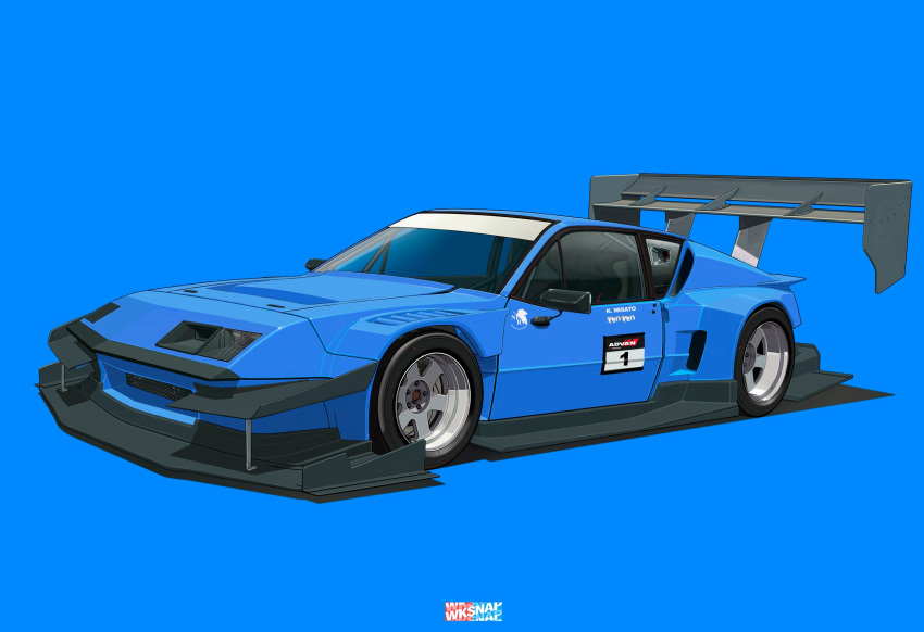 alpine_(carmaker) alpine_a310 artist_logo blue_background car commentary english_commentary highres motor_vehicle neon_genesis_evangelion nerv no_humans race_vehicle racecar renault spoiler_(automobile) sports_car vehicle_focus walter_kim wheel