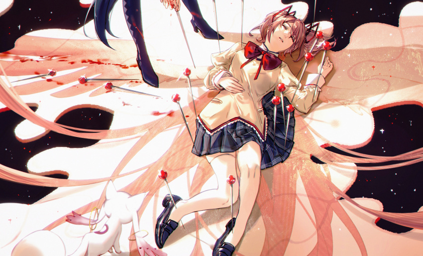 2girls absurdres akemi_homura argyle argyle_legwear blazer blood blood_on_hands blue_footwear blue_hair blue_skirt bow bowtie canothy closed_eyes commentary different_shadow expressionless glint hair_ribbon hand_on_own_stomach high_heels highres holding impaled insect_pin jacket kaname_madoka knee_up kyuubee loafers lying mahou_shoujo_madoka_magica mitakihara_school_uniform multiple_girls on_back out_of_frame parted_lips pin pink_hair pinned plaid plaid_skirt red_bow red_bowtie ribbon school_uniform shoes short_hair short_twintails skirt sky star_(sky) starry_sky thighhighs twintails unconscious white_thighhighs yellow_jacket