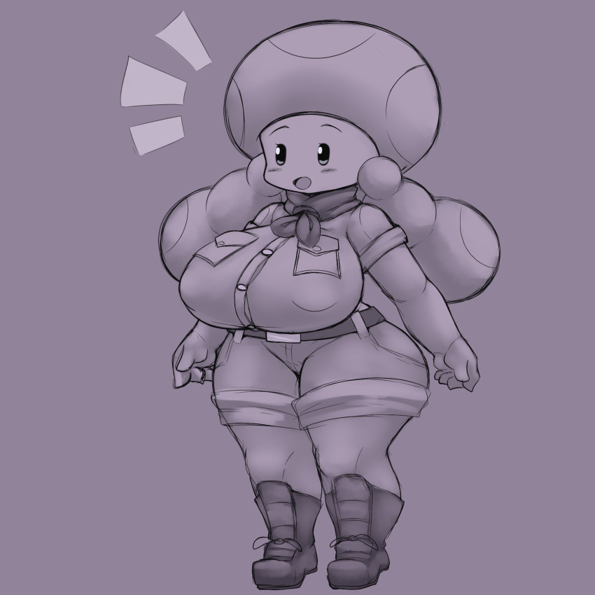 1:1 big_breasts blush breasts clothed clothing female hi_res huge_breasts humanoid mammal mario_bros monochrome neo_hajime nintendo nipple_outline not_furry open_mouth scarf short_stack solo standing thick_thighs toad_(mario) toadette tongue wide_hips