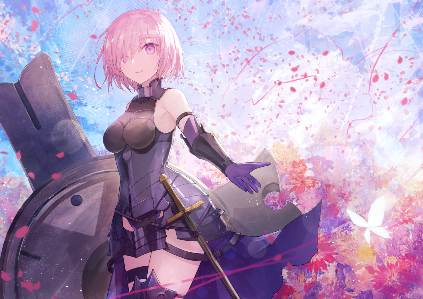 armor armored_dress black_dress blush breasts bug butterfly commentary_request dress fate/grand_order fate_(series) female flower gloves hair_over_one_eye highres holding large_breasts light_purple_hair looking_at_viewer lord_camelot_(fate) mash_kyrielight open_mouth outdoors pink_hair purple_eyes purple_hair red_flower shield short_hair smile solo sword thkani weapon yellow_flower