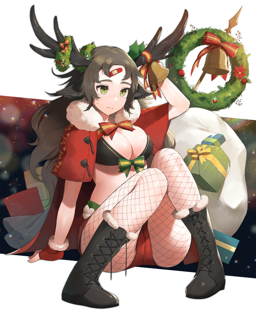 absurdres animal_ears antlers arm_up bandaid bandaid_on_face bandaid_on_forehead bell black_footwear black_hair boots breasts capelet christmas christmas_wreath cleavage commentary_request cross-laced_footwear female fingerless_gloves fishnet_pantyhose fishnets flower full_body fur_collar gloves green_eyes highres horns knees_together_feet_apart knees_up large_breasts long_hair original pantyhose pigeon-toed red_capelet red_flower red_gloves red_shorts santa_costume shibainu short_shorts shorts sitting solo sparkle sweatdrop wavy_hair white_background wreath