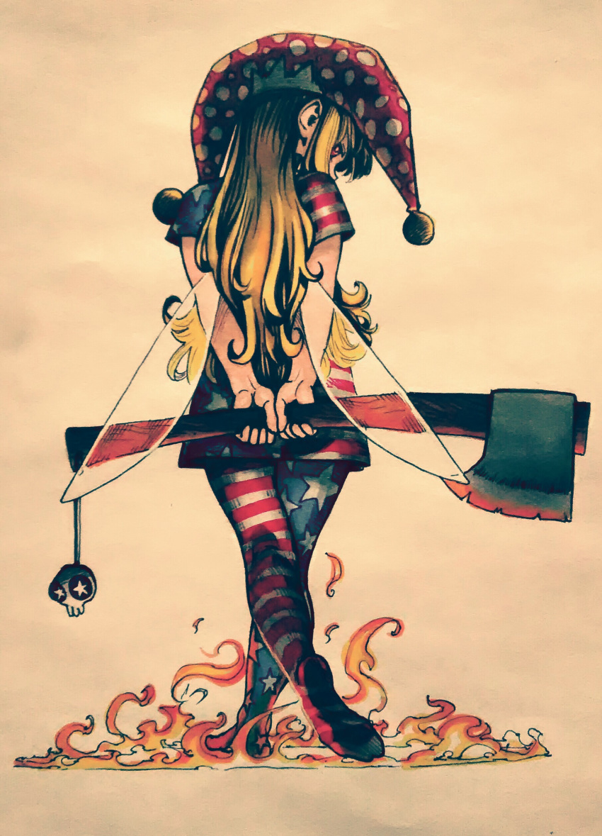 absurdres american_flag_dress american_flag_legwear arms_behind_back axe blonde_hair clownpiece commentary_request dress fairy_wings female fire from_behind full_body hat highres holding holding_axe jester_cap long_hair neck_ruff pantyhose polka_dot red_eyes sendai_(nazonomono) short_dress short_sleeves solo standing star_(symbol) striped_clothes striped_pantyhose touhou traditional_media transparent_wings wings