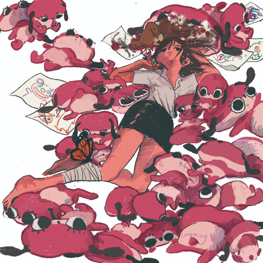 artist_name bandaged_leg bandages black_skirt brown_hair bug butterfly closed_mouth congming33 drawing female full_body highres long_hair lying maromi mousou_dairinin on_back original paper pencil_skirt sagi_tsukiko shirt short_sleeves simple_background skirt solo stuffed_animal stuffed_dog stuffed_toy white_background white_shirt