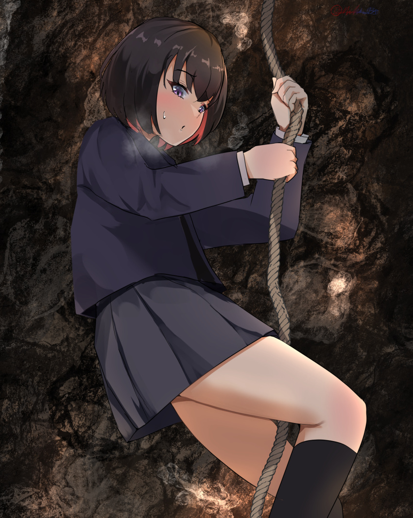 artist_name black_hair black_skirt black_socks blue_jacket blush bob_cut breath cave climbing colored_inner_hair commentary_request commission female from_side hands_up have_to_pee highres holding holding_rope jacket kneehighs long_sleeves looking_down michinoku_(michino934) miniskirt multicolored_hair open_mouth original pleated_skirt purple_eyes raised_eyebrow red_hair rope school_uniform shirt short_hair sidelocks signature skeb_commission skirt socks solo sweat textless_version thighs twitter_username two-tone_hair white_shirt