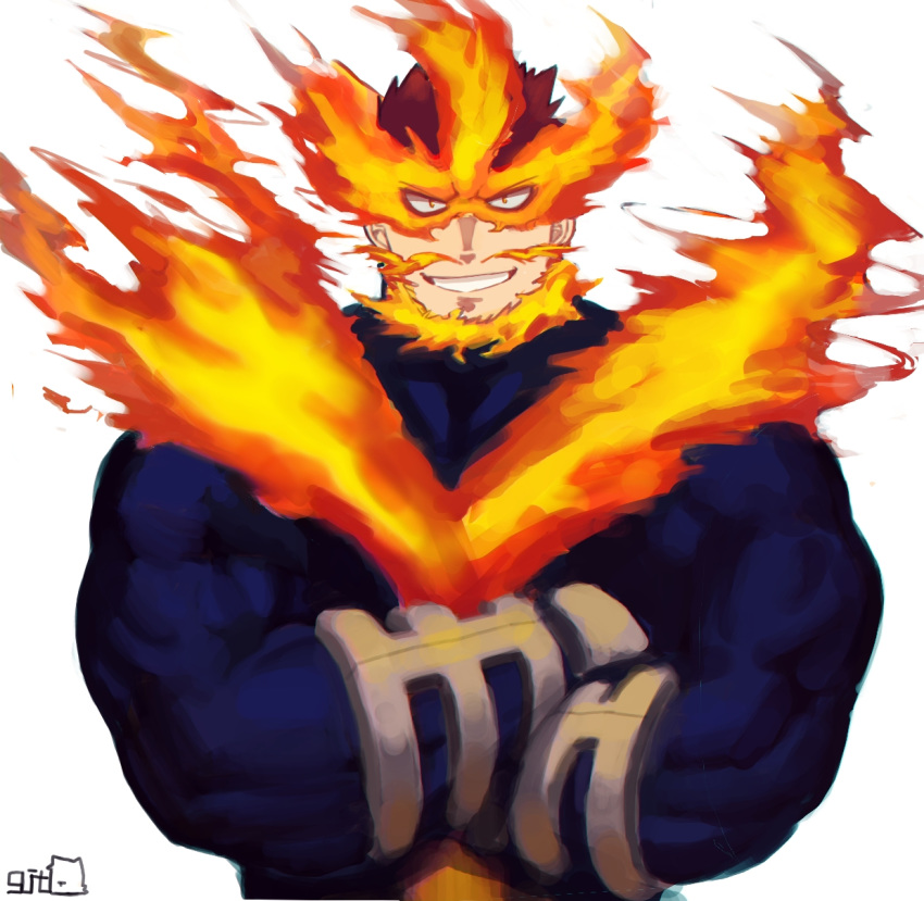 1boy bara beard bodysuit boku_no_hero_academia crossed_arms endeavor_(boku_no_hero_academia) facial_hair fire highres looking_at_viewer male_focus mature_male moustache muscular muscular_male red_eyes red_hair skin_tight smirk solo spiked_hair tight_clothes ttn_(239_239) upper_body white_background