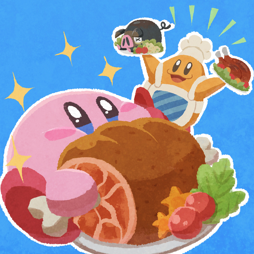 apron arms_up blue_eyes blue_shirt blush_stickers boned_meat chef_hat chef_kawasaki cherry_tomato crossover eating food good_meat_day hat kirby kirby_(series) lechonk lettuce meat miclot no_humans notice_lines open_mouth pink_footwear plate pokemon pokemon_(creature) shirt shoes simple_background sitting smile sparkle tomato turkey_(food) white_headwear