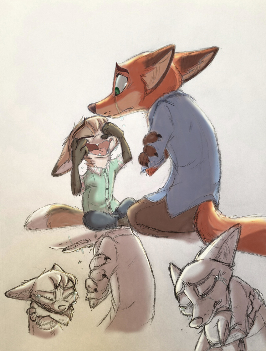 2018 absurd_res anthro bodily_fluids bottomwear canid canine clothed clothing crying disney duo fan_character fox fully_clothed fur green_eyes hi_res hug inner_ear_fluff male mammal nick_wilde open_mouth orange_body orange_fur pants red_fox shirt simple_background tears topwear true_fox tuft white_background xx-junglebeatz-xx young young_anthro zootopia