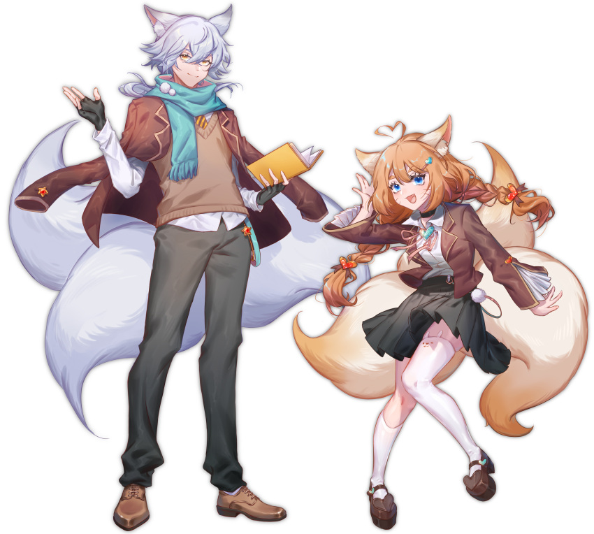 1boy absurdres ahoge alternate_costume animal_ears black_pants black_skirt blue_eyes book box_galaxy concept_art eight-tailed_fox_nari female fingerless_gloves fox_boy fox_ears fox_girl fox_tail full_body gloves grey_hair guardian_tales hand_up highres holding holding_book looking_at_viewer multiple_tails nine_tailed_fox_garam open_mouth orange_hair pants ponytail school_uniform skirt smile tail white_background white_legwear yellow_eyes