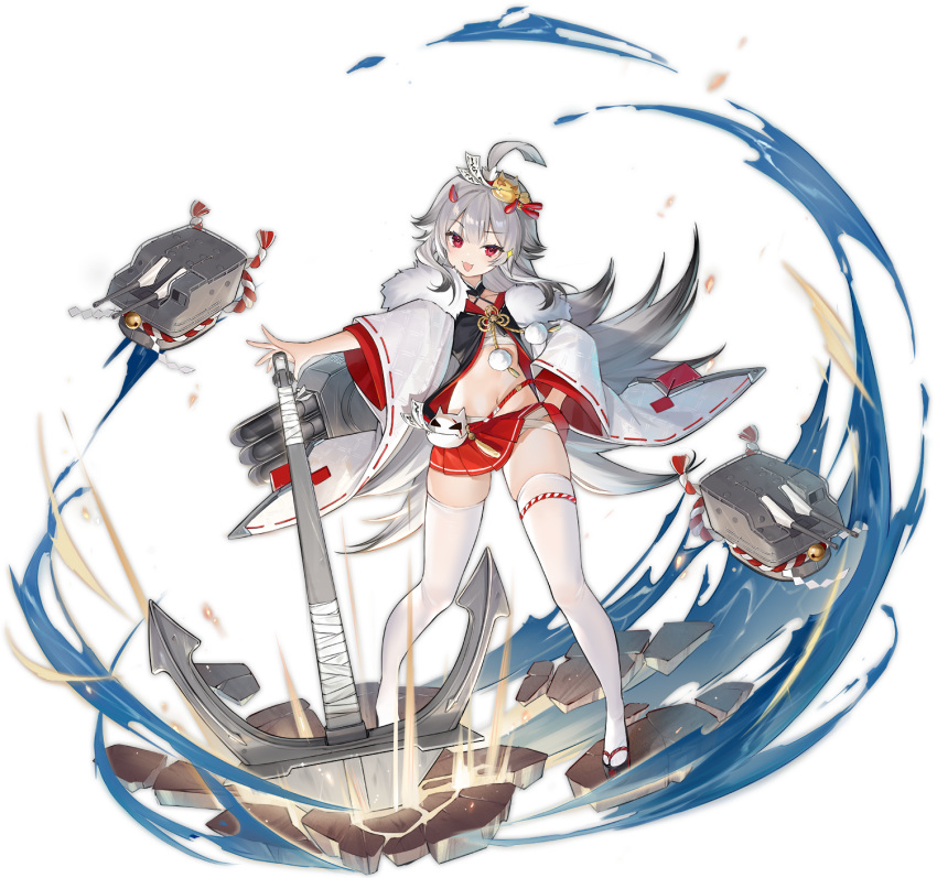 :d ahoge anchor azur_lane bandages bell female full_body fur_collar gradient_hair grey_hair hair_ornament hand_on_own_hip haori hibiki_(azur_lane) highres japanese_clothes jingle_bell kouhaku_nawa long_hair long_sleeves looking_at_viewer midriff miniskirt multicolored_hair navel official_art okobo open_clothes open_mouth outstretched_arm pleated_skirt red_eyes red_skirt ribbon-trimmed_sleeves ribbon_trim rope sandals sarashi shide shimenawa skirt smile soaryuna solo thighhighs torpedo_launcher transparent_background turret very_long_hair white_thighhighs wide_sleeves zouri