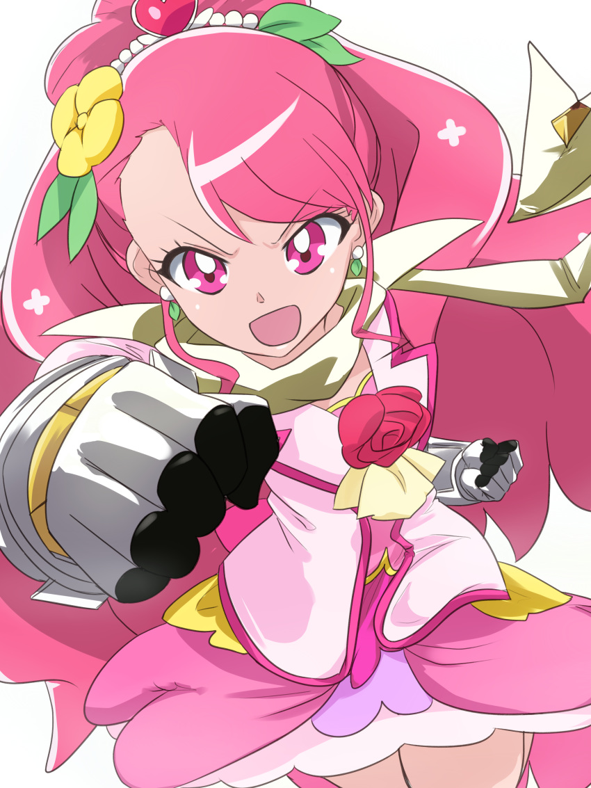 :o absurdres angry clenched_hand commentary cosplay cowboy_shot crossover cure_grace earrings female flower gloves hair_bun hair_flower hair_ornament hanadera_nodoka healin'_good_precure heart heart_hair_ornament highres jewelry long_hair looking_at_viewer magical_girl mashitono_desu open_mouth pink_eyes pink_hair pink_skirt precure red_flower red_rose rose scarf senki_zesshou_symphogear simple_background single_hair_bun skirt solo tachibana_hibiki_(symphogear) tachibana_hibiki_(symphogear)_(cosplay) voice_actor_connection white_background yuuki_aoi