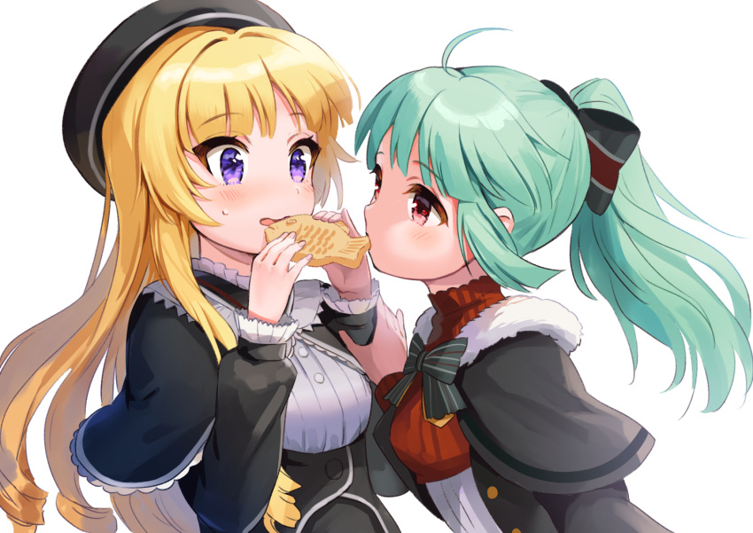 2girls ahoge battle_girl_high_school beret black_bow black_capelet black_headwear black_jacket blonde_hair bow breasts capelet commentary_request eating food fur-trimmed_capelet fur_trim green_hair hairbow hat holding holding_food jacket kiyosato_0928 long_hair multiple_girls open_clothes open_jacket ponytail purple_eyes red_eyes ringlets sadone sendouin_kaede shirt simple_background small_breasts striped striped_bow taiyaki upper_body very_long_hair wagashi white_background white_shirt