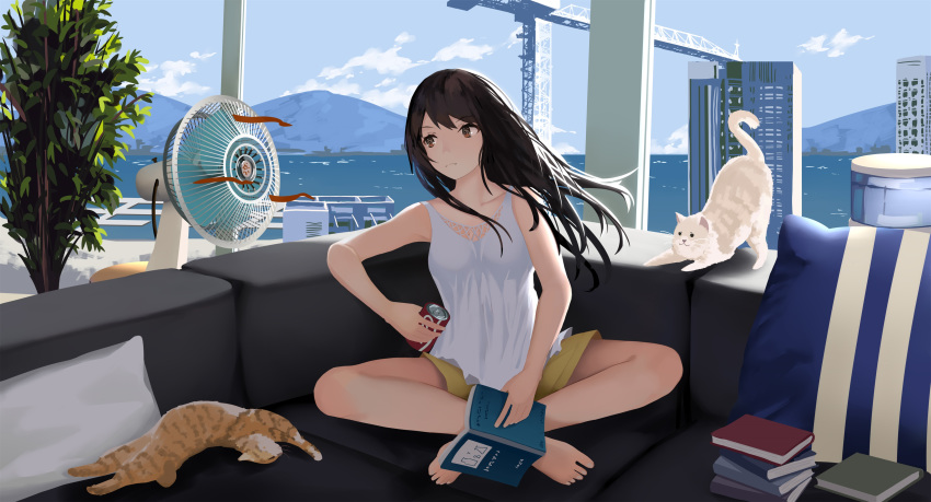 .l.l absurdres animal barefoot black_hair blue_sky book breasts building camisole can chinese_commentary cloud commentary_request couch crane_(machine) day drink_can electric_fan feline female highres holding holding_book holding_can horizon indoors long_hair mountain ocean on_couch open_book original pillow short_shorts shorts sitting sky skyscraper small_breasts soda_can solo water white_camisole yellow_shorts