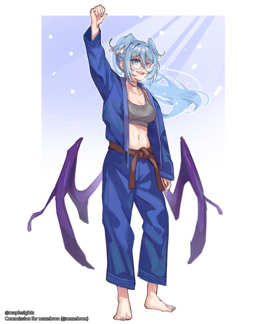 :d absurdres alternate_costume aqua_eyes arm_up barefoot blue_hair breasts cleavage dougi elira_pendora feet female full_body glasses head_wings heterochromia highres long_hair low_wings maplesights midriff navel nijisanji nijisanji_en pink_eyes ponytail round_eyewear sash smile solo sports_bra sweat toenails toes virtual_youtuber wings