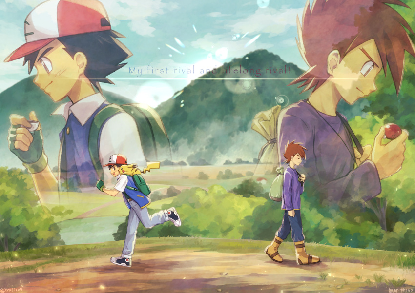 2boys backpack bag baseball_cap boots brown_hair buttons closed_mouth cloud commentary_request day english_text fingerless_gloves from_side gary_oak gloves green_bag green_gloves hat highres hill holding holding_poke_ball holding_strap jacket lens_flare male_focus multiple_boys open_clothes open_jacket outdoors pants pikachu poke_ball poke_ball_(basic) pokemon pokemon_(anime) pokemon_(classic_anime) pokemon_(creature) pokemon_on_back satoshi_(pokemon) shirt shoes short_hair sky smile spiked_hair standing yoi_(207342)