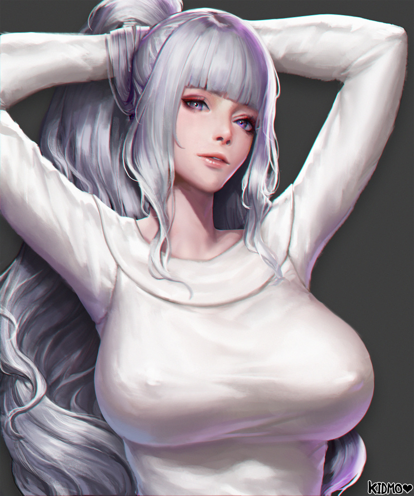 absurdres adjusting_hair arms_behind_head arms_up artist_name blunt_bangs blush breasts breasts_out covered_nipples dungeon_and_fighter eyelashes female grey_background grey_hair hands_in_hair high_ponytail highres kidmo lips long_hair long_sleeves looking_at_viewer makeup mascara nose paid_reward parted_lips patreon_reward photoshop_(medium) ponytail purple_eyes shirt sidelocks solo standing teeth upper_body very_long_hair white_hair white_shirt