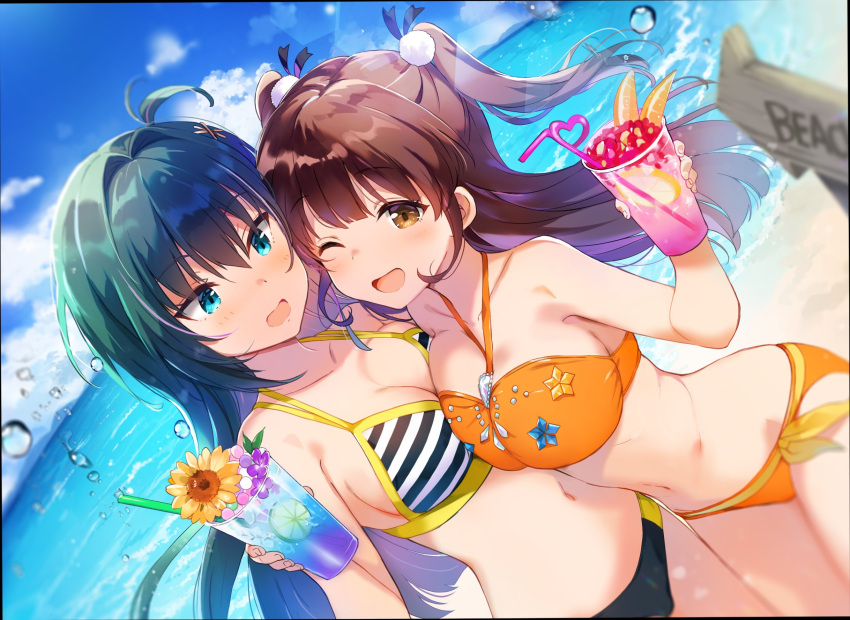 2girls ;d beach bikini blue_sky blush breasts brown_hair cloud crazy_straw day drink drinking_straw dutch_angle heart_straw highres idoly_pride komiyama_ai long_hair looking_at_viewer marine_day multiple_girls navel ocean one_eye_closed open_mouth outdoors qp:flapper sky smile suzumura_yuu swimsuit twintails water