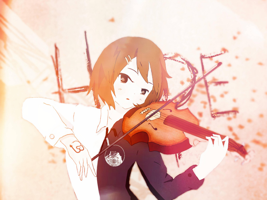 absurdres alternate_costume bird blurry blurry_background bow_(music) brown_eyes brown_hair colosseum crossover female flock godspeed_you!_black_emperor hair_ornament hairpin hand_tattoo highres hirasawa_yui instrument k-on! lens_flare long_sleeves looking_at_viewer majorpentatonix music photoshop_(medium) playing_instrument serious shirt short_hair snake_tattoo solo tattoo two-tone_shirt violin writing zipper