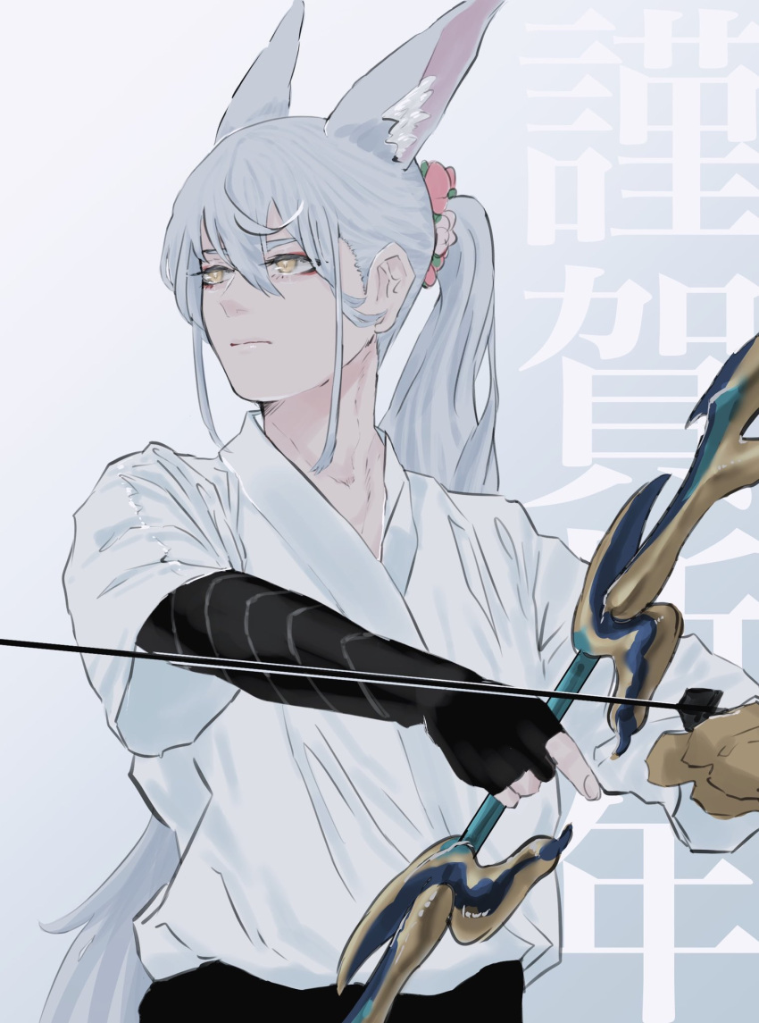 1boy akayukilegend animal_ears bad_id bad_twitter_id bow_(weapon) expressionless fingerless_gloves fox_boy fox_ears gloves grey_hair guardian_tales highres holding holding_bow_(weapon) holding_weapon looking_to_the_side male_focus nine_tailed_fox_garam ponytail shirt simple_background upper_body weapon white_shirt yellow_eyes