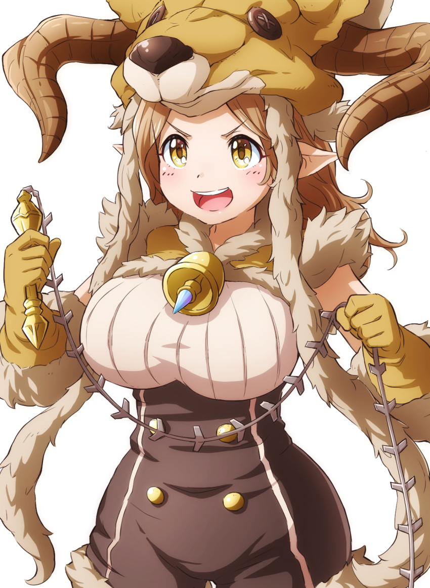 :d animal_hat bad_id bad_pixiv_id bell breasts brown_eyes brown_gloves brown_hair cowboy_shot daetta_(granblue_fantasy) draph elbow_gloves female fur_trim gloves granblue_fantasy hat highres holding horns jingle_bell large_breasts long_hair open_mouth pointy_ears simple_background smile solo tayuura_(kuwo) underbust v-shaped_eyebrows white_background