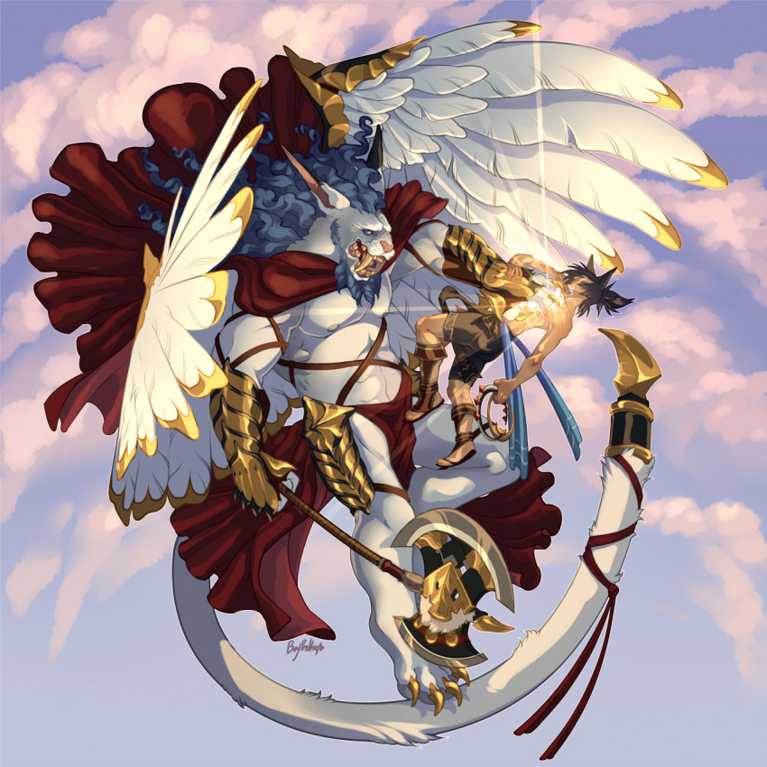 1:1 angel anthro armor bottomwear boypretties clothing duo fangs fantasy_armor feathered_wings feathers felid final_fantasy flowing_hair flying footwear fur hair hi_res humanoid lion male mammal midair midair_combat nipples pantherine sandals square_enix teeth topwear wings