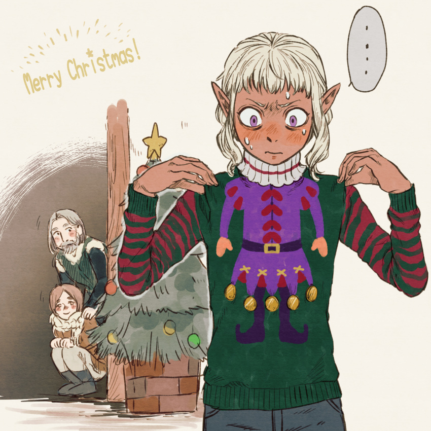 ... 3boys blush brown_hair christmas christmas_tree dark_elf delgal_(dungeon_meshi) dungeon_meshi elf embarrassed english_text facial_hair goatee highres moustache multiple_boys pointy_ears purple_eyes shako_(shaco_flat) short_bangs speech_bubble star_(symbol) sweatdrop thistle_(dungeon_meshi) ugly_sweater wavy_hair white_hair yaad_(dungeon_meshi)