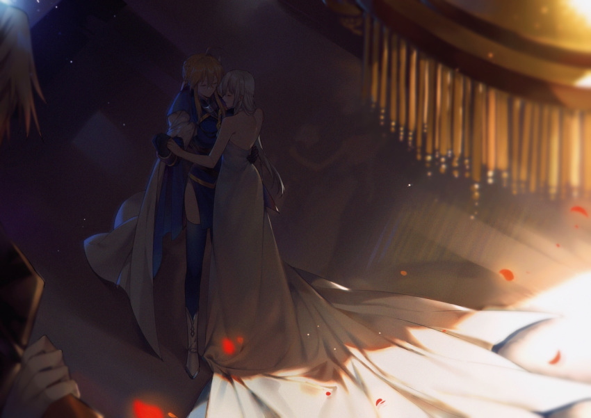 1boy 2girls ahoge artoria_pendragon_(fate) artoria_pendragon_(lancer)_(fate) bad_id bad_twitter_id ballroom bare_shoulders blonde_hair braid cape chandelier character_request closed_eyes commentary dancing dress english_commentary fate/grand_order fate_(series) gown hair_between_eyes half_up_braid hand_on_another's_back highres morgan_le_fay_(fate) multicolored_hair multiple_girls petals rose_petals strapless strapless_dress thighhighs white_cape yorukun