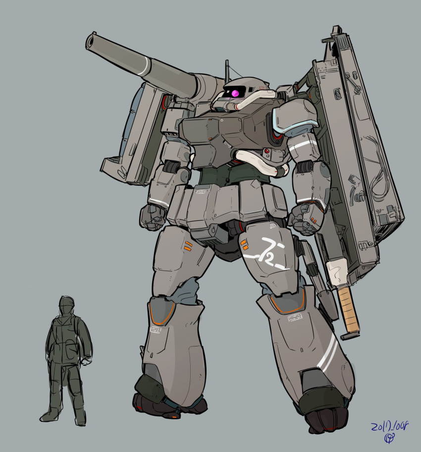 clenched_hands dated grey_background gundam highres looking_ahead mecha mobile_suit_gundam moi_moi7 one-eyed pink_eyes redesign robot shoulder_cannon silhouette size_comparison zaku_cannon zeon